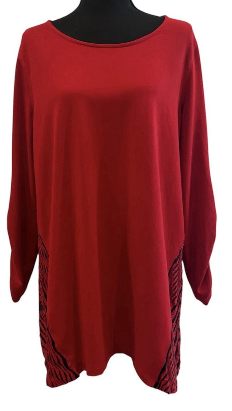 Ali Miles Red and Black Tunic Ruched Sleeves Size Large